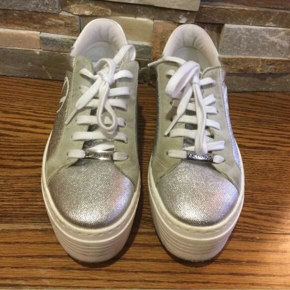 VALENTINO by MARIO VALENTINO Suede Trim Metallic Canvas Platform Sneakers - Picture 1 of 9